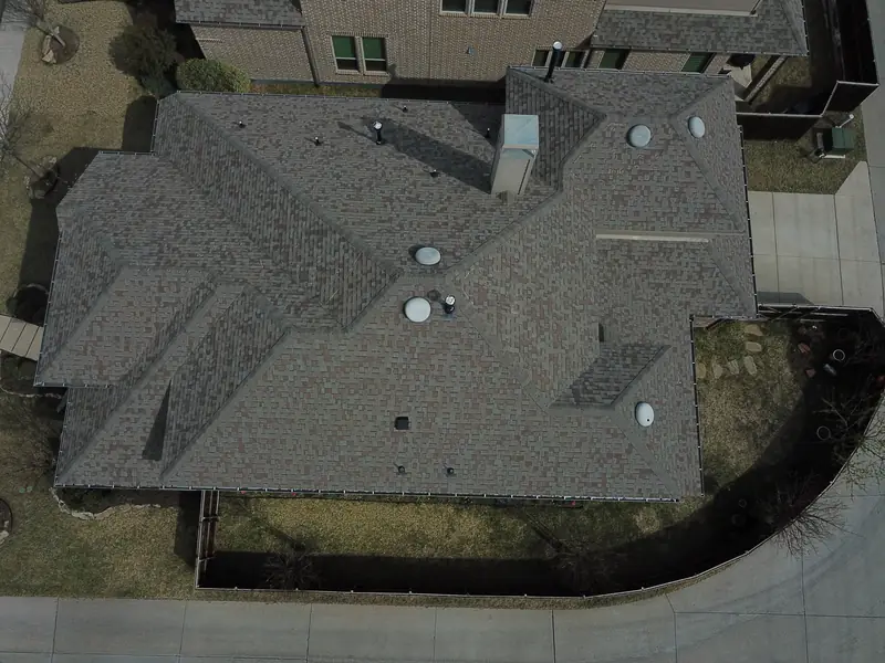 Aerial close-up of a finished roof in Allen